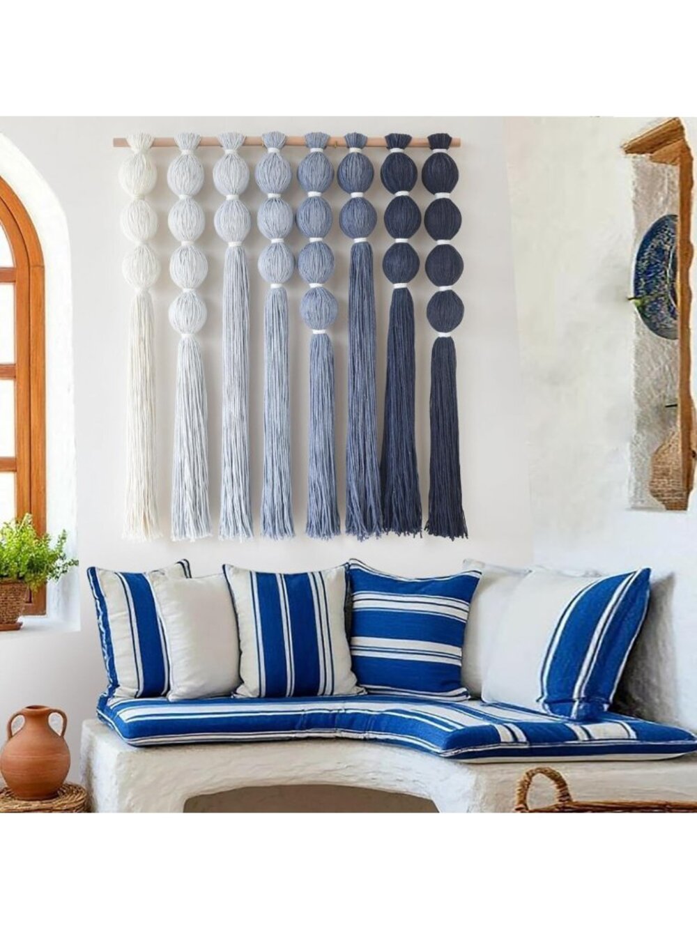 Dip Dyed Blue Macrame Wall Hanging Art with Tassels - 27" W x 31" L Decor